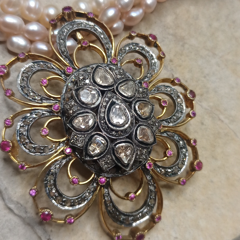 Natural Pearl Antique Paste Diamond Cut Glass & Ruby pendant Statement Necklace - Picture 6 of 10